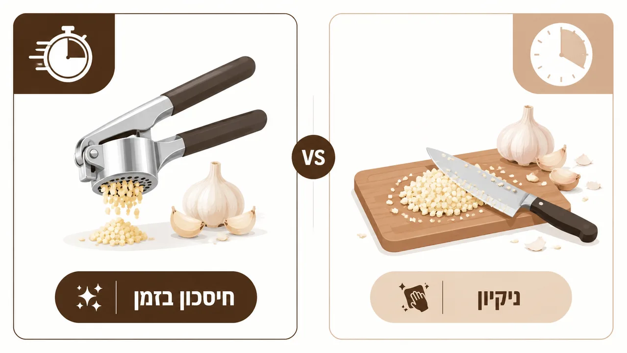 השוואה בין קילוף וקיצוץ ידני לבין שימוש בכותש שום