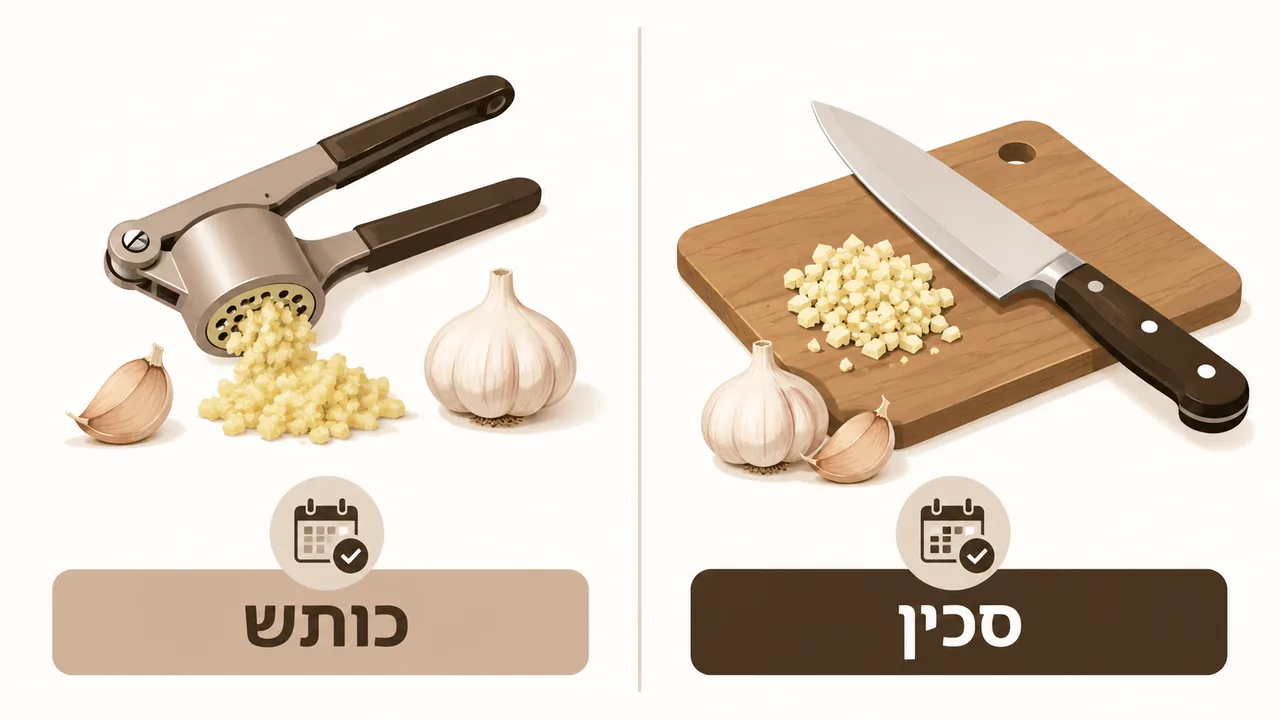 השוואה בין שום כתוש בכותש לבין שום קצוץ בסכין