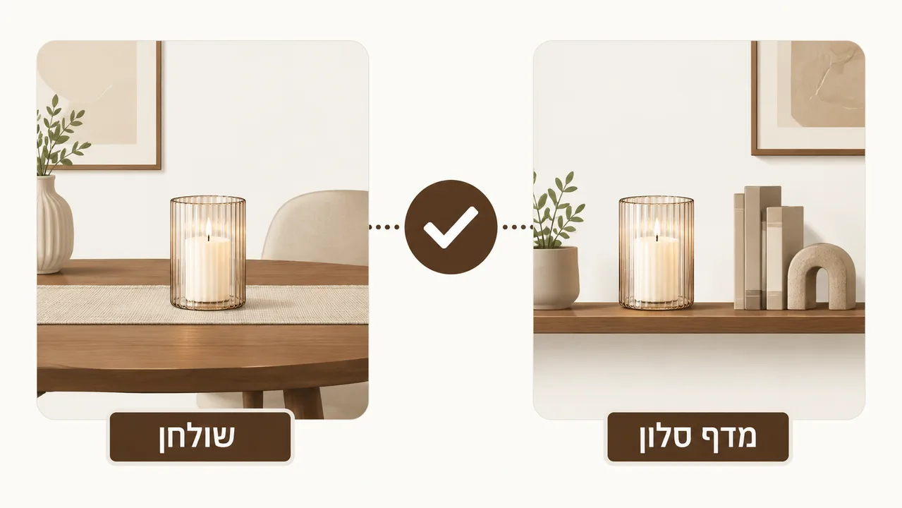 פמוט זכוכית על מדף בסלון