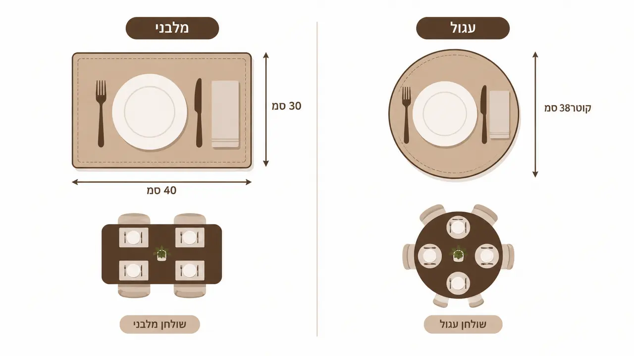 השוואה בין פלייסמט עגול, אליפטי ומלבני לשולחן האוכל